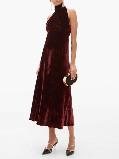 Saloni Michelle Halterneck Velvet Midi Dress Burgundy - 50% Off Sale