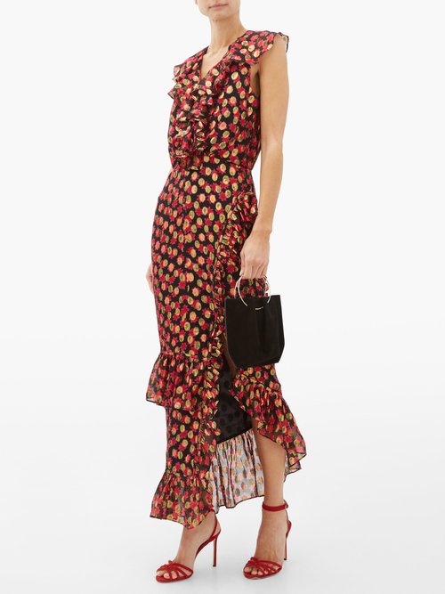 Saloni Anita Flower And Metallic-jacquard Ruffled Dress Black Red – 50% Off Sale