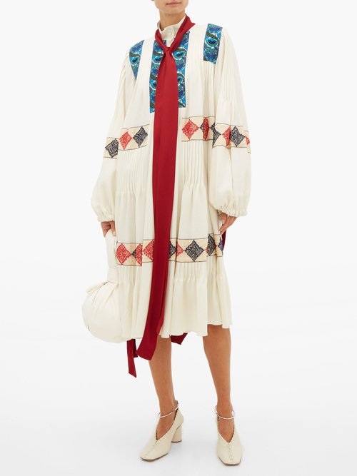 Loewe Balloon-sleeve Floral-embroidered Wool Dress Ivory