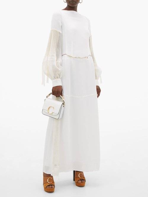 Loewe Embroidered Pleated-sleeve Open-back Crepe Dress White