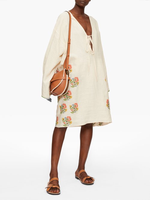 Loewe Floral-embroidered Tie-neck Linen Tunic Dress Cream Multi