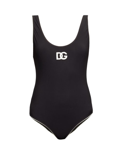 Dolce & Gabbana - Scoop-back Logo-appliqué Swimsuit Black Beachwear