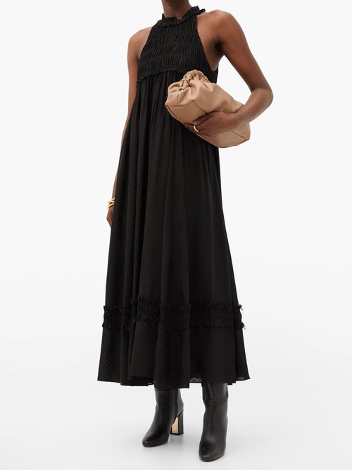 Ssone Valley Ruffled Check-jacquard Midi Dress Black