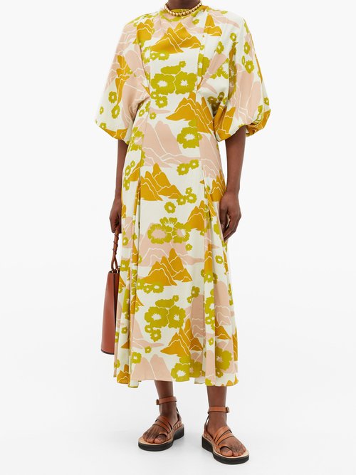 Buy Ssone Mountain Balloon-sleeve Floral-print Midi Dress Multi online - shop best Ssone clothing sales