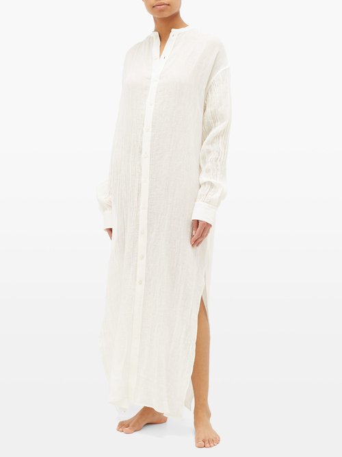 Buy Jil Sander Mandarin-collar Crinkled Linen Nightdress Ivory online - shop best Jil Sander clothing sales