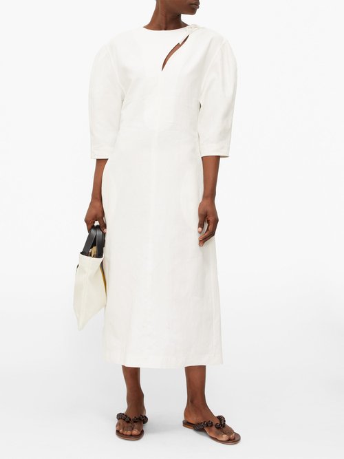 Jil Sander Front-slit Balloon-sleeve Poplin Dress Ivory - 40% Off Sale