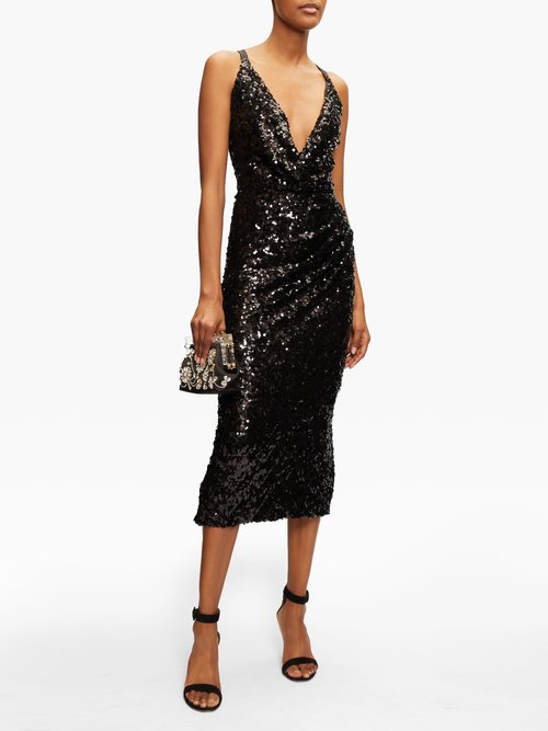 Dolce & Gabbana Deep V-neck Sequinned Midi Dress Black