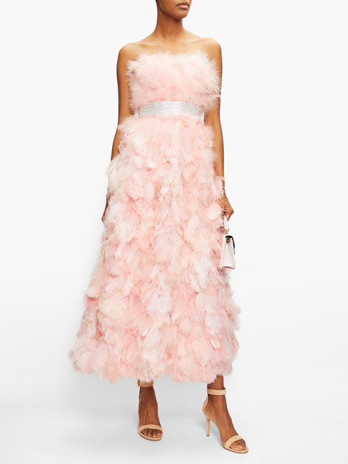 Dolce & Gabbana Crystal-embellished Feather-trimmed Silk Gown Light Pink