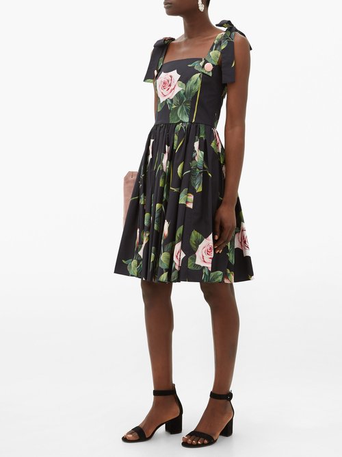 Dolce & Gabbana Tropical Rose-print Cotton-poplin Dress Black Print