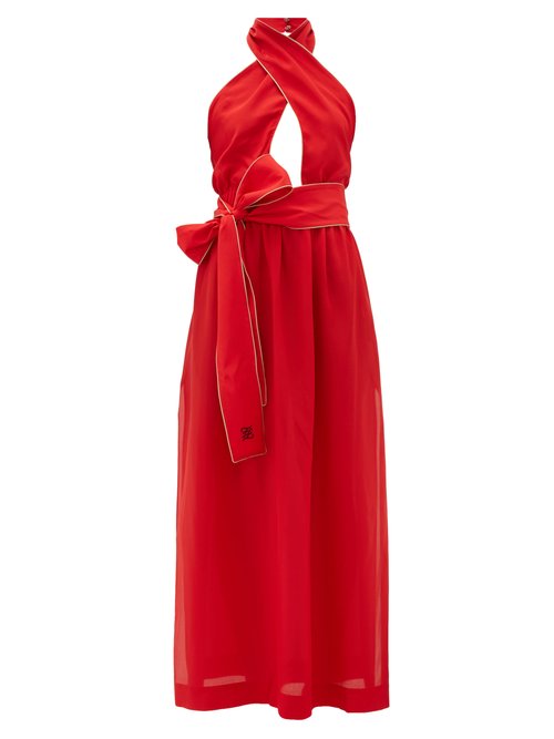 Fendi - Crossover Halterneck Silk Maxi Dress Red