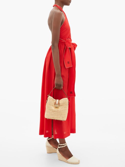 Fendi Crossover Halterneck Silk Maxi Dress Red