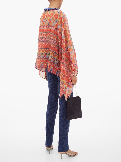 Etro Tasselled Printed Crepe De Chine Poncho Red Multi - 70% Off Sale