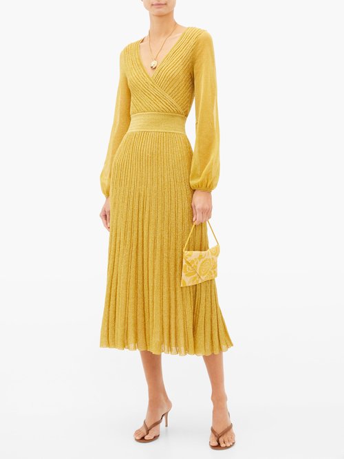 Missoni V-neck Balloon-sleeve Ribbed-knit Dress Gold – 60% Off Sale