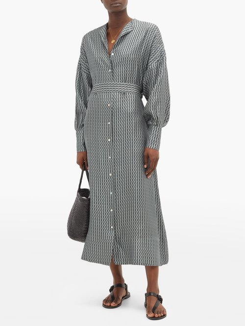 Asceno Rome Crescent-print Belted Silk Shirt Dress Grey Multi