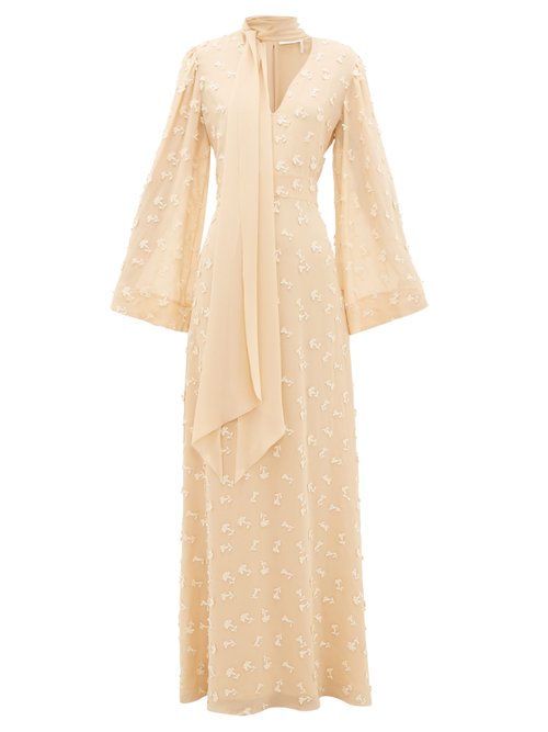 Chloé - Floral Appliqué Silk-georgette Dress Cream