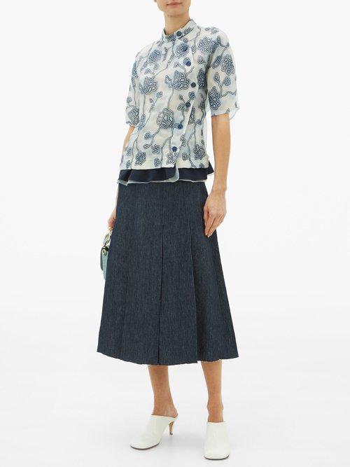 Chloé Floral-embroidered Silk Organza Blouse Blue Multi - 50% Off Sale