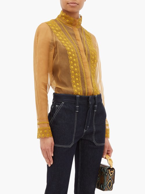 Chloé High-neck Embroidered Silk-organza Blouse Brown - 40% Off Sale