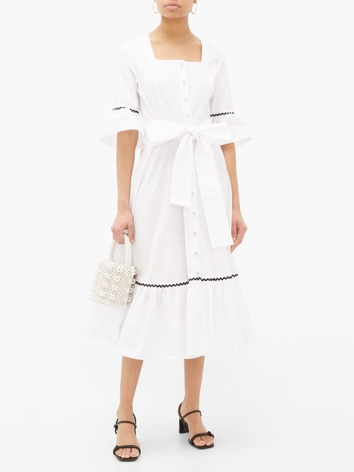 Batsheva Delsey Rickrack-trim Cotton Midi Dress White - 60% Off Sale
