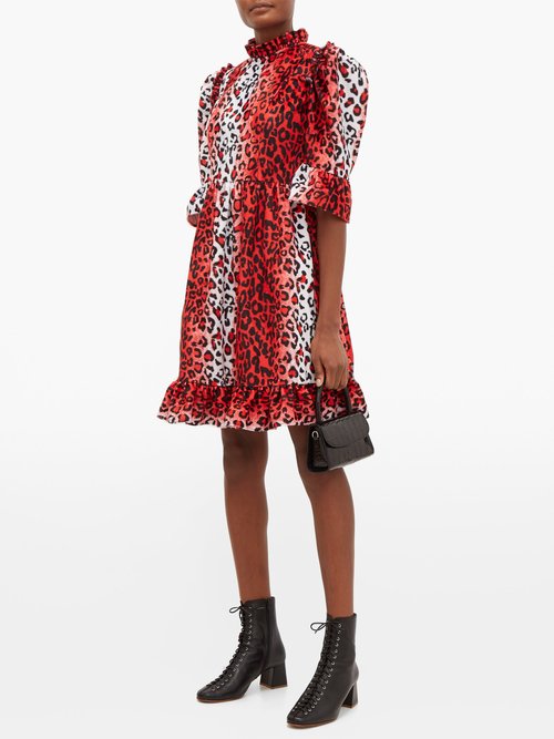 Batsheva Ruffled Leopard-print Velvet Dress Red White - 60% Off Sale
