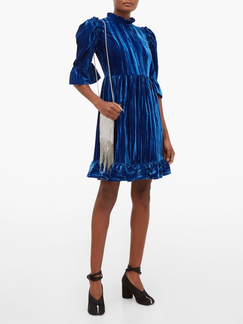 Batsheva Ruffled Plissé Cotton-velvet Mini Dress Blue - 60% Off Sale