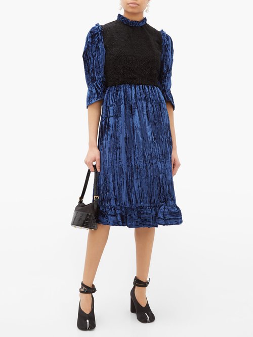 Batsheva Two-tone Ruffled Cotton-velvet Mini Dress Black Blue - 70% Off Sale
