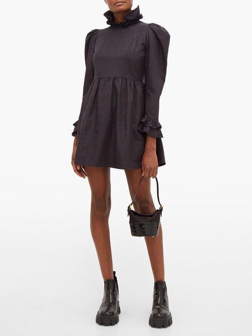 Batsheva High-neck Ruffled Puff-sleeved Mini Dress Black - 60% Off Sale