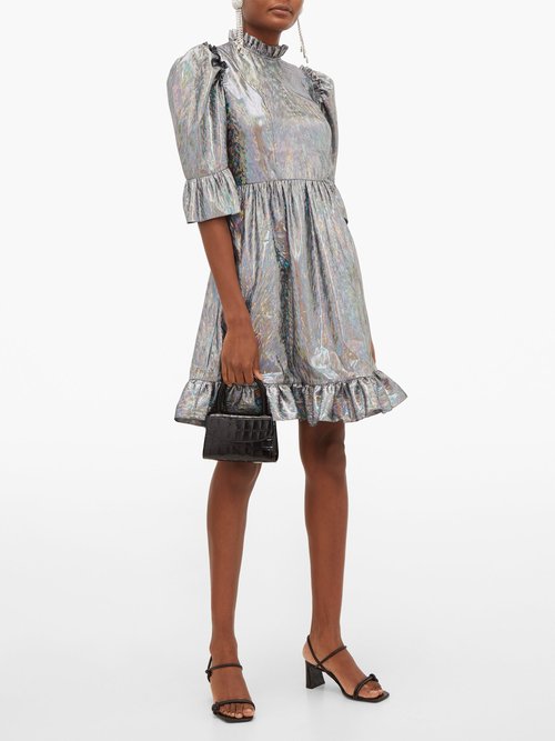 Batsheva Puff-sleeved Lamé Mini Dress Silver - 50% Off Sale