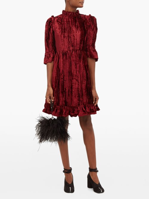 Batsheva Ruffled Plissé Cotton-velvet Mini Dress Burgundy - 60% Off Sale
