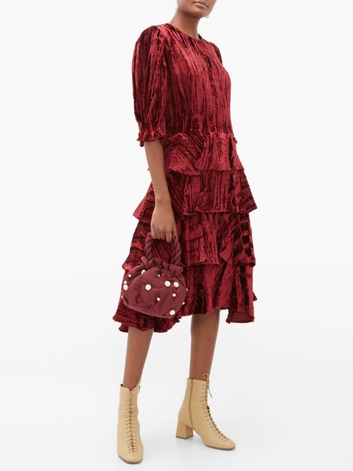 Batsheva Ruffle-tiered Crushed Velvet Midi Dress Burgundy - 60% Off Sale