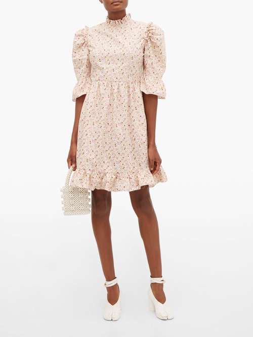 Batsheva Puff-sleeved Floral-print Cotton Mini Dress Pink Multi - 60% Off Sale