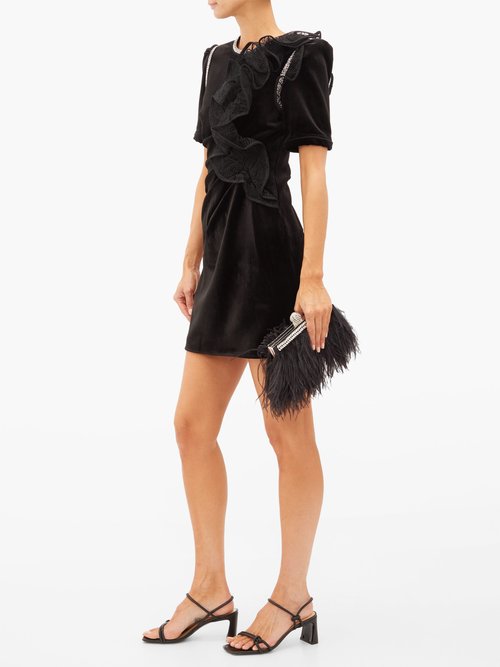 Self-portrait Ruffled-shoulder Velvet Mini Dress Black - 60% Off Sale