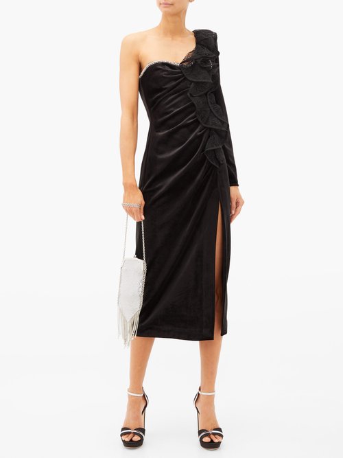 Self-portrait Ruffled One-shoulder Velvet Midi Dress Black - 60% Off Sale