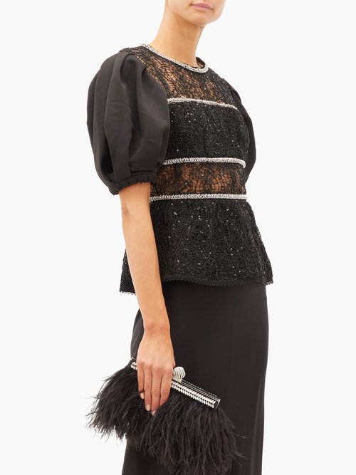 Self-portrait Puff-sleeved Crystal-embellished Lace Top Black - 60% Off Sale