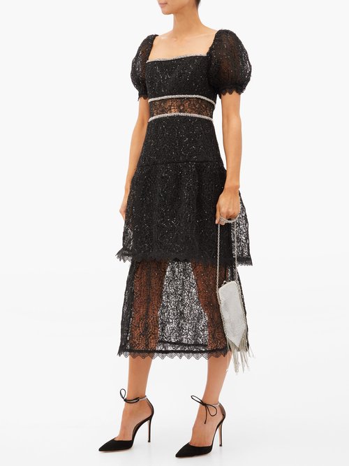 Self-portrait Crystal And Sequin-embellished Layered Lace Dress Black - 50% Off Sale