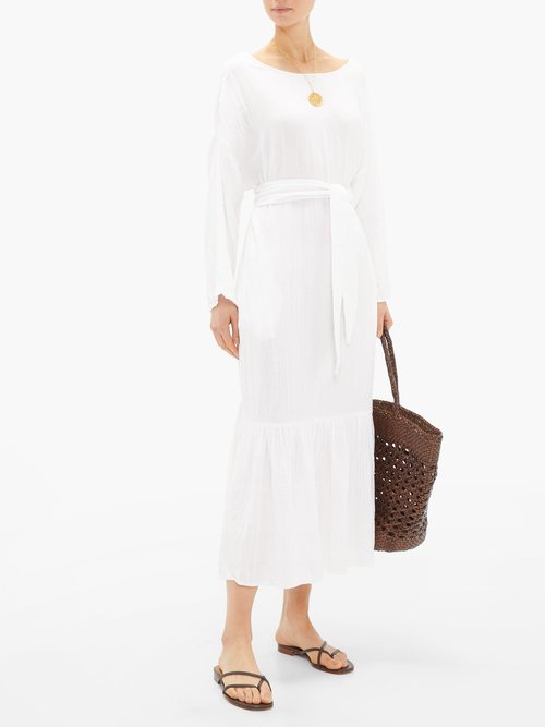 Mara Hoffman Augusta Ruffle-hem Belted Cotton Dress White - 70% Off Sale