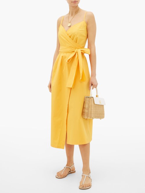 Three Graces London Martha Belted Cotton-poplin Wrap Dress Yellow - 40% Off Sale
