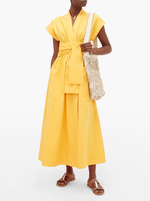 Three Graces London Clarissa V-neck Cotton Wrap Dress Yellow - 30% Off Sale