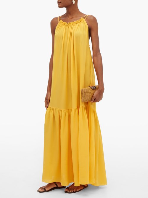 Three Graces London Tatyana Gathered Scoop-back Silk Maxi Dress Yellow - 40% Off Sale
