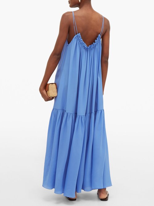 Three Graces London Tatyana Gathered Scoop-back Silk Maxi Dress Blue - 30% Off Sale