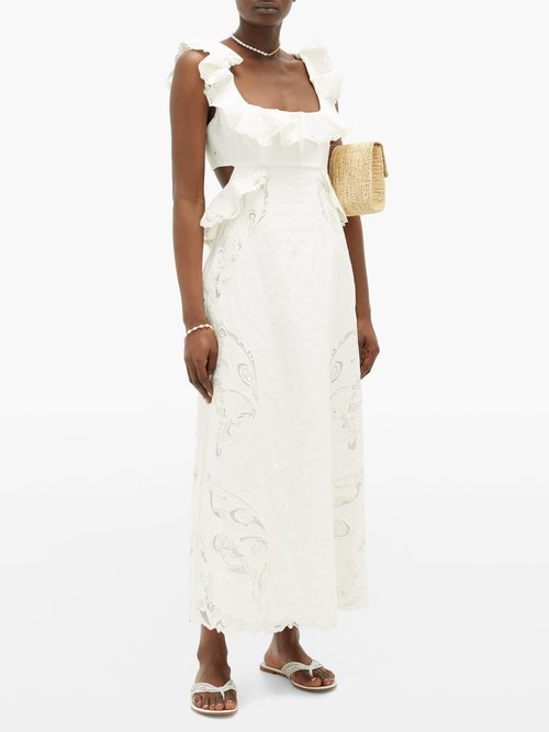 Zimmermann Super Eight Ruffled Embroidered Midi Dress Ivory - 30% Off Sale