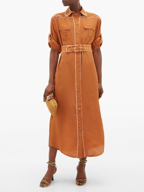 Zimmermann Super Eight Belted Silk Midi Shirt Dress Light Brown - 30% Off Sale