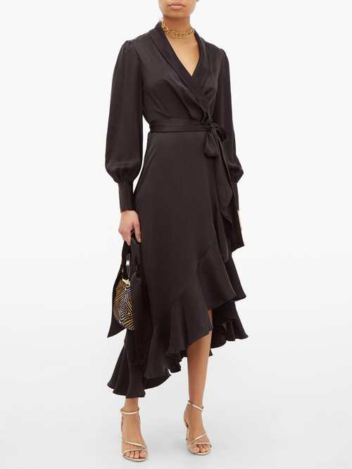 Zimmermann Espionage Ruffle-hem Silk Wrap Dress Black - 30% Off Sale