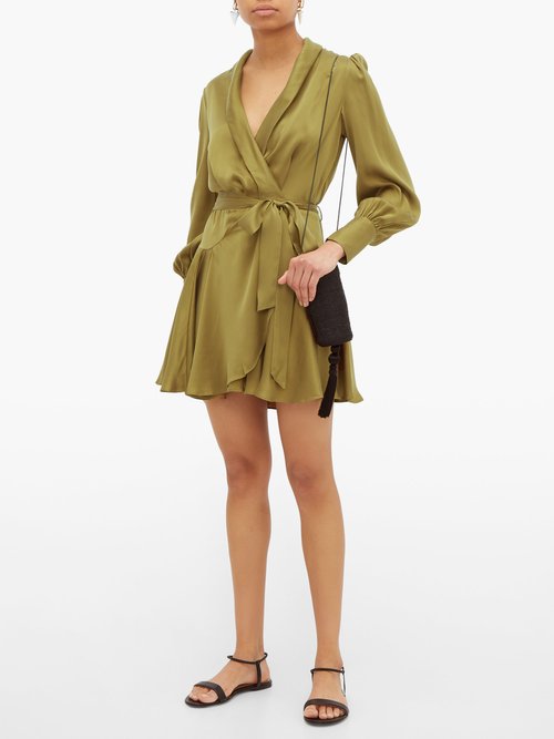 Buy Zimmermann Super Eight Silk Wrap Mini Dress Khaki online - shop best Zimmermann clothing sales