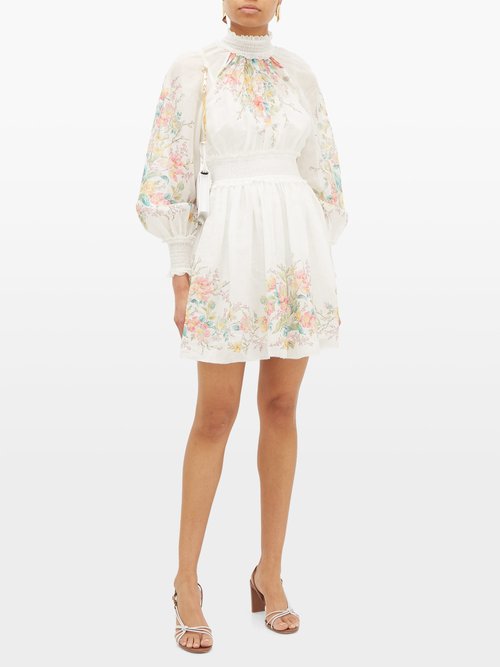Zimmermann Zinnia Floral-print Shirred Ramie Dress Cream Print - 30% Off Sale