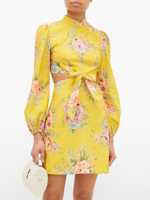 Zimmermann Zinnia Floral-print Cut-out Linen-blend Mini Dress Yellow Print - 40% Off Sale