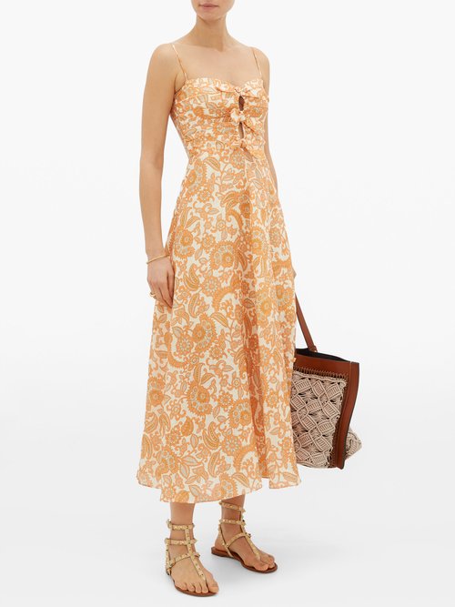 Zimmermann Peggy Paisley-print Tie-front Linen Dress Orange Print - 40% Off Sale