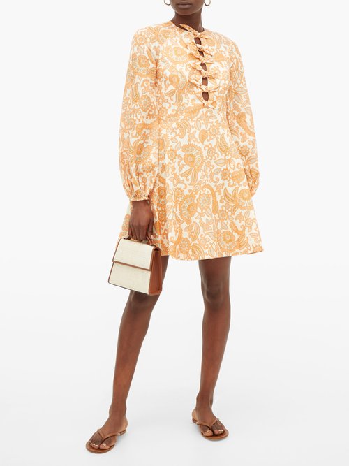 Zimmermann Peggy Bow-front Floral-print Linen Dress Orange Print - 40% Off Sale