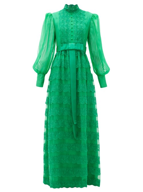 Gucci - Lace-trimmed Tiered Georgette Gown Green