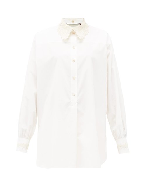 Buy Gucci - Macramé-collar Cotton-poplin Henley Blouse White online - shop best Gucci 