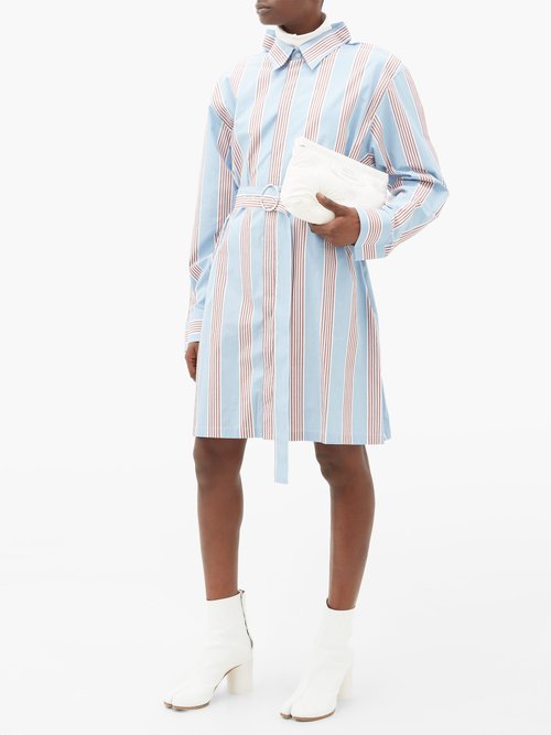 Maison Margiela Belted Striped Cotton Shirt Dress Light Blue - 70% Off Sale